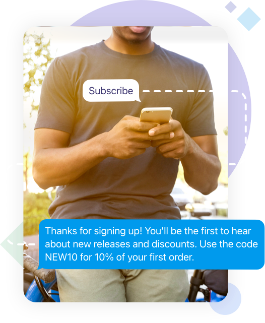 Man holding mobile handset with text message overlay