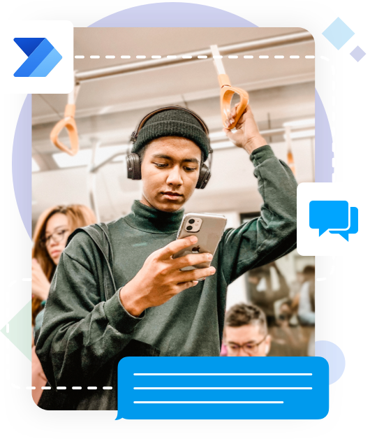 Woman holding mobile handset with integration partner flow ms power automate