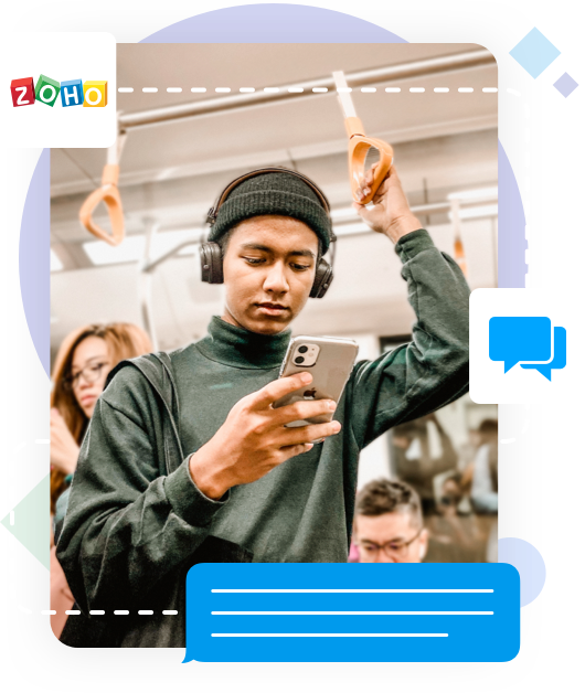 Woman holding mobile handset with integration partner flow zoho