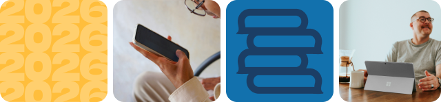 Row of four images; woman on phone, man in a meeting, and stylised 2026 and tex message bubbles.